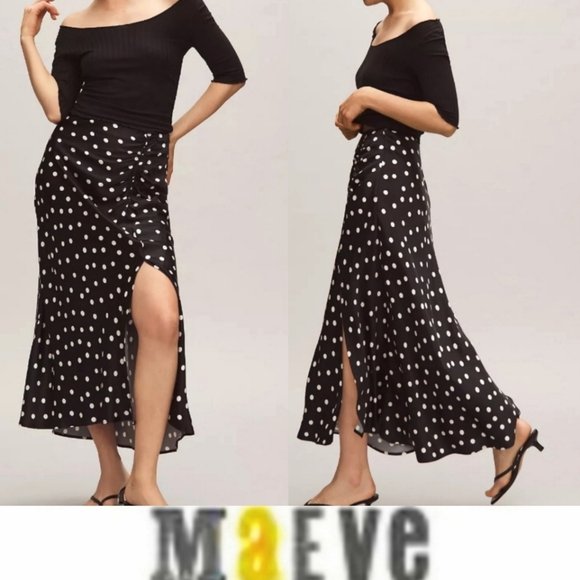 Maeve Anthropologie The Mel Ruched Side-Slit Midi Skirt Polka Dots Casual NWT